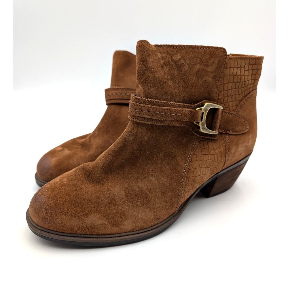 Clarks Neva Block Heel Buckle Ankle Boots Women's Dark Tan Size US9.5W EU41